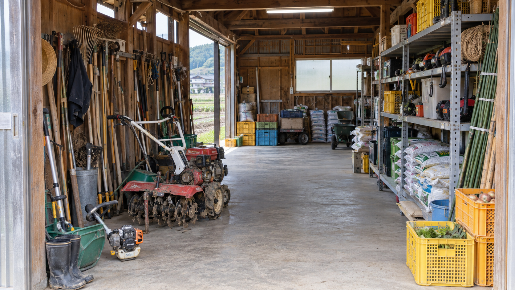 農機具や工具を整理して保管できる納屋のイメージ